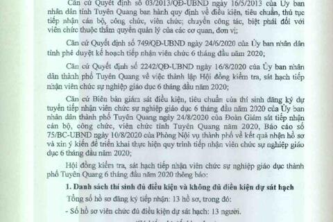 Thông báo số: 03/TB-HĐKTSH ngày 31/08/2020 của UBND thành phố Tuyên Quang V/v danh sách đủ điều kiện, không đủ điều kiện dự kiểm tra, sát hạch tiếp nhận viên chức sự nghiệp giáo dục 6 tháng đầu năm 2020
