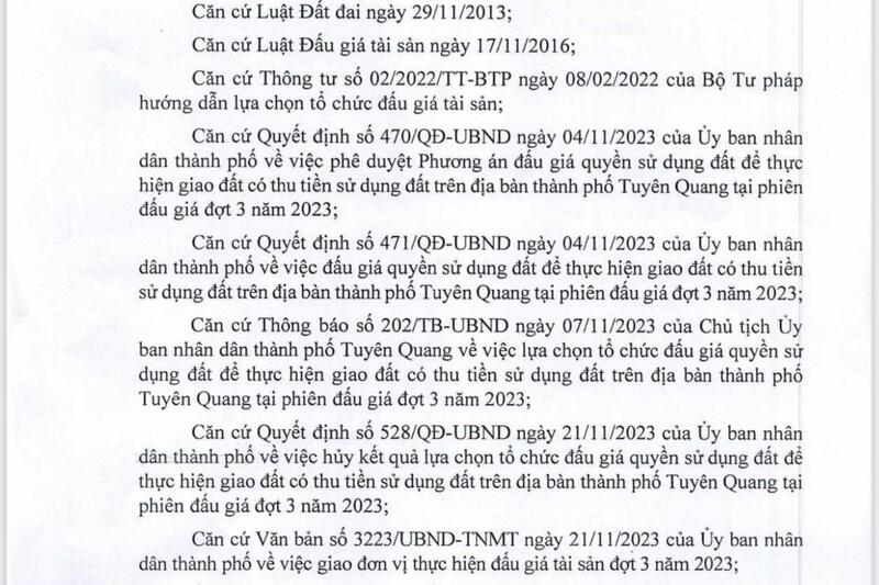 UBND thành phố Tuyên Quang thông báo kết quả lựa chọn tổ chức đấu giá quyền sử dụng đất để thực hiện giao đất có thu tiền sử dụng đất trên địa bàn thành phố Tuyên Quang tại phiên đấu giá đợt 3 năm 2023